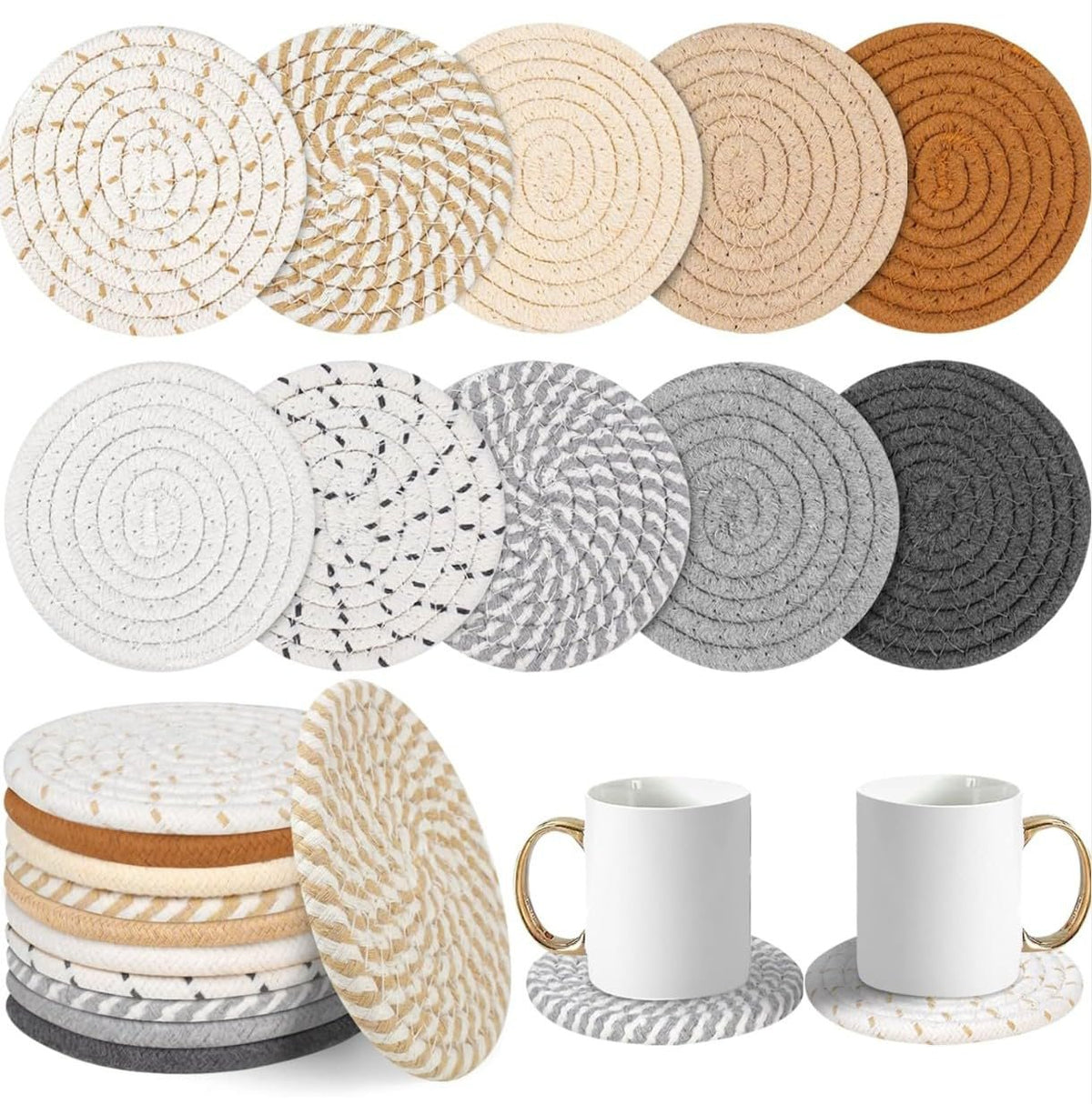 Jute Elegance onderzetterset voor eettafel, kantoor | Decoratieve bekeronderzetters, housewarming cadeau, set van 6