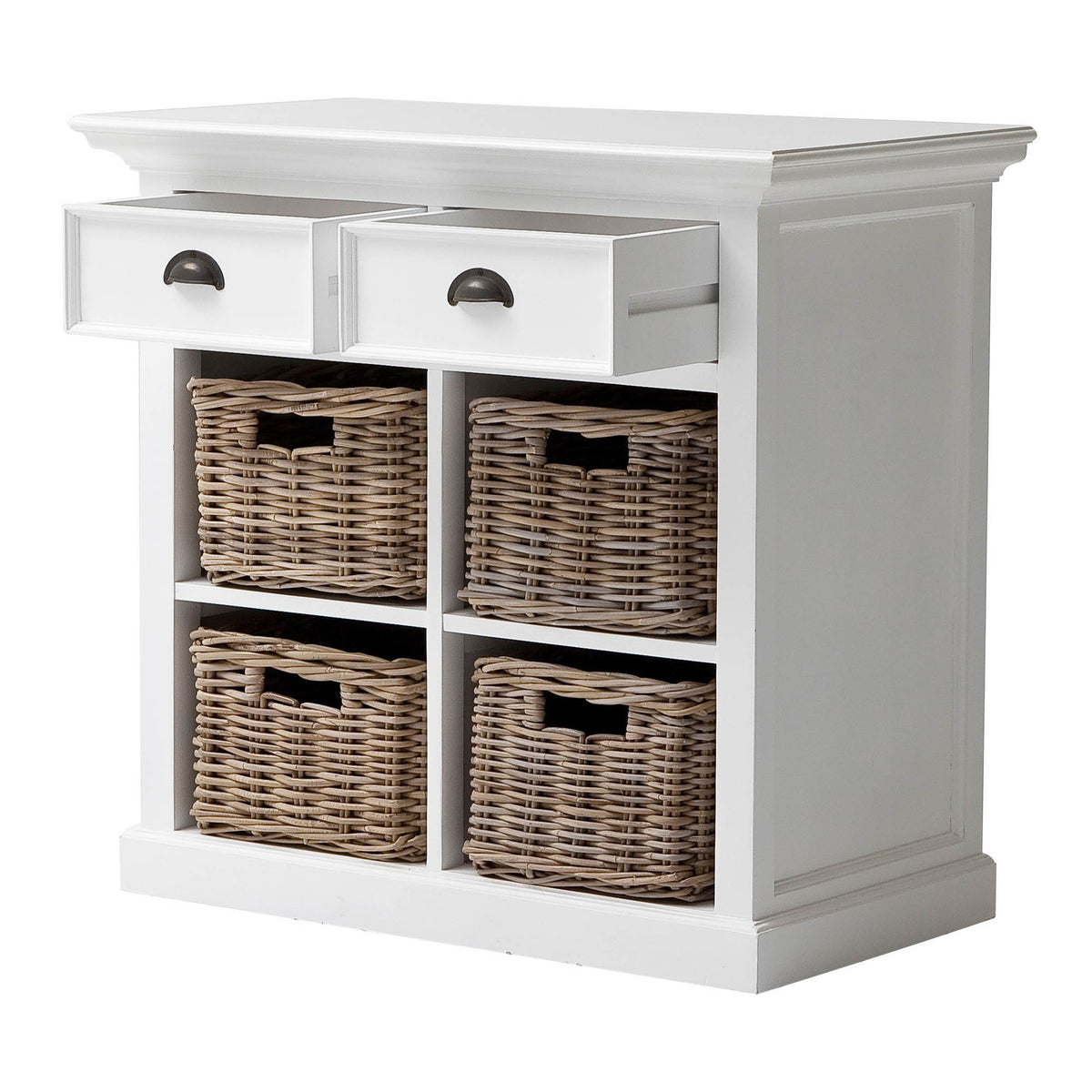 Dressoir wit - 90bx50dx85 hoog - 2 laden - 4 rotan mandjes