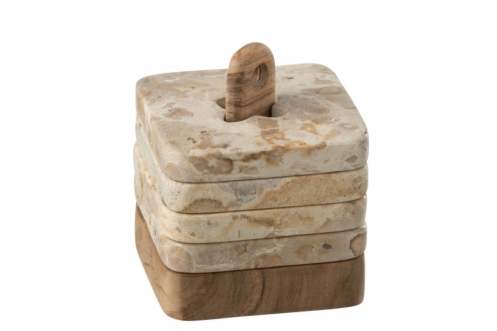 J-Line onderzetter - marmer/hout - beige - 4 stuks