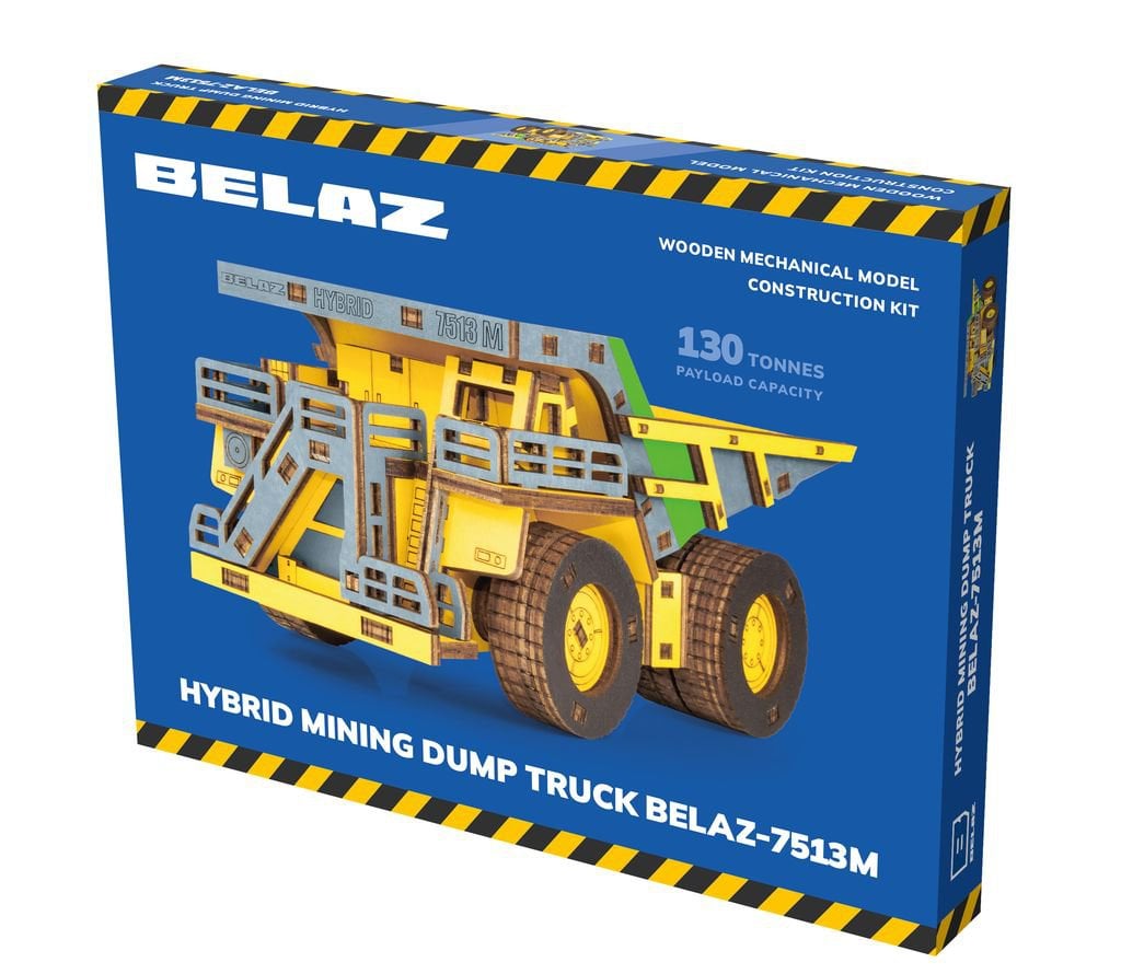 Eco Wood Art (EWA) 3D Mechanische Houten Puzzel, Hybrid Mining Dump Truck Belaz-7513M, 4233, Kleur Geel, 18x9x10cm