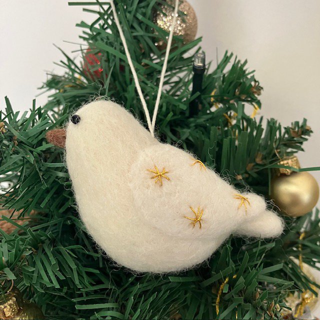 Luna-Leena vogel hangend ornament - gouden sterren - wol - handgemaakt in Nepal