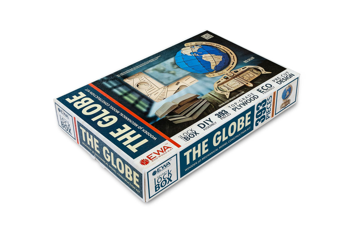 Eco Wood Art (EWA) 3D Mechanische Puzzel, Globe Blauw, 396, 32x32x50,5cm