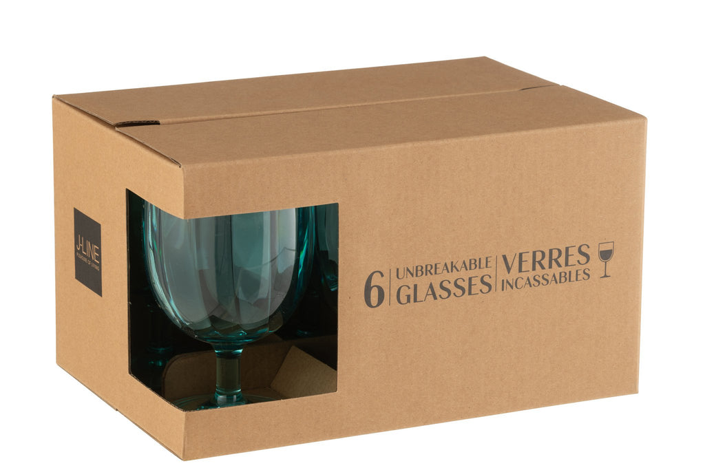J-Line wijnglas - kunststof - blauw - 6 stuks