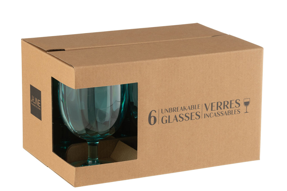 J-Line wijnglas - kunststof - blauw - 6 stuks