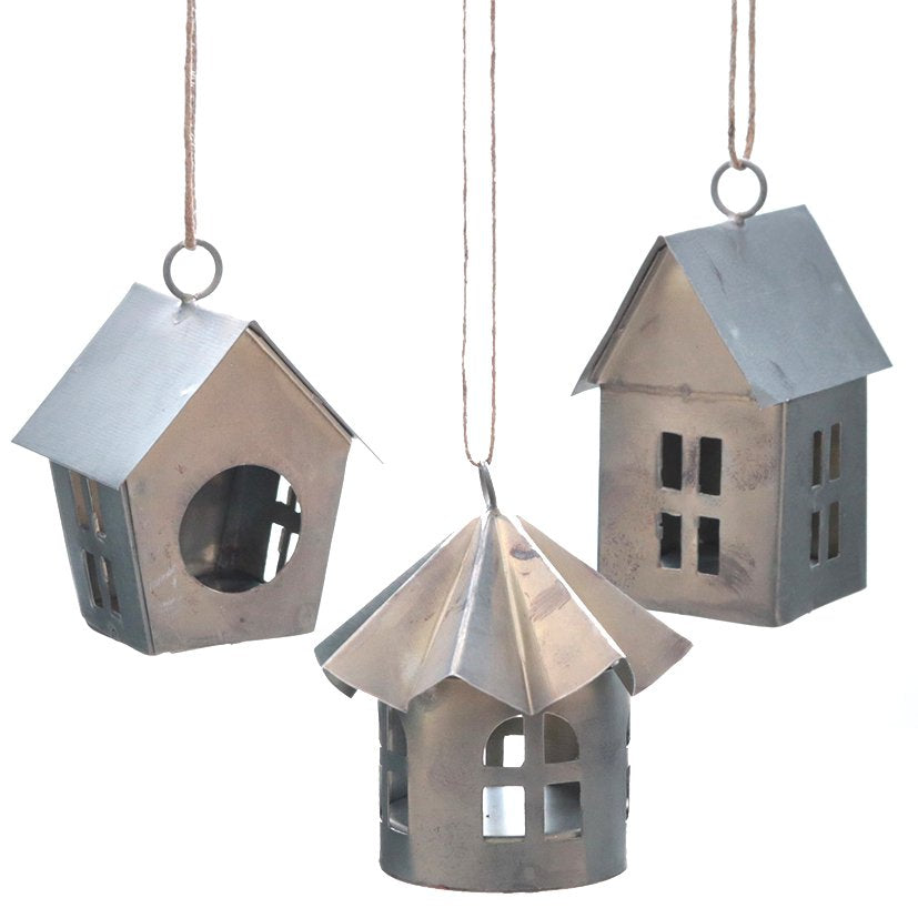 Metalen hanger vogelhuisje 7/8/9cm grijs