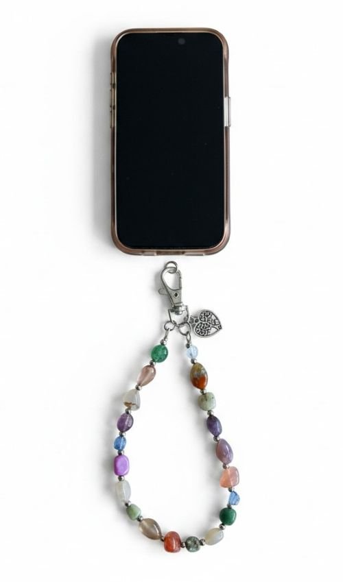 Telefoonkoord met multicolor natuursteen kralen