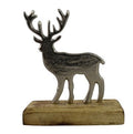 Metalen hert op mangohouten voet 5x13x18cm zilver/naturel