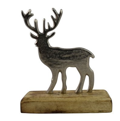 Metalen hert op mangohouten voet 5x13x18cm zilver/naturel