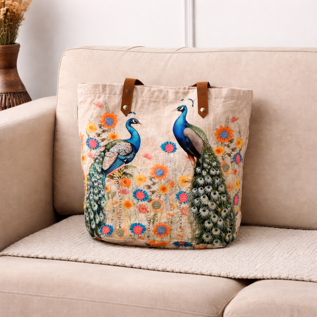 Geborduurde draagtas van pauwkatoen - Multi Shopper met bloemen - 40 x 48 cm