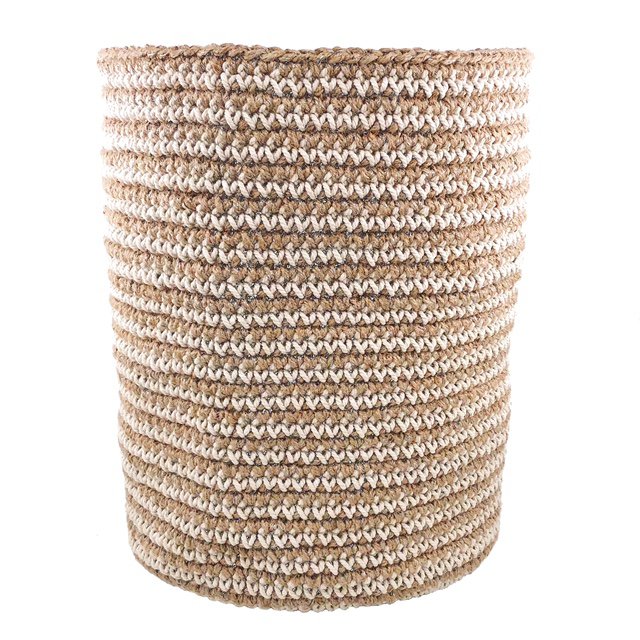 Luna-Leena mand hoog met gebroken witte strepen - jute & katoen - H30cm - hand gehaakt in Nepal