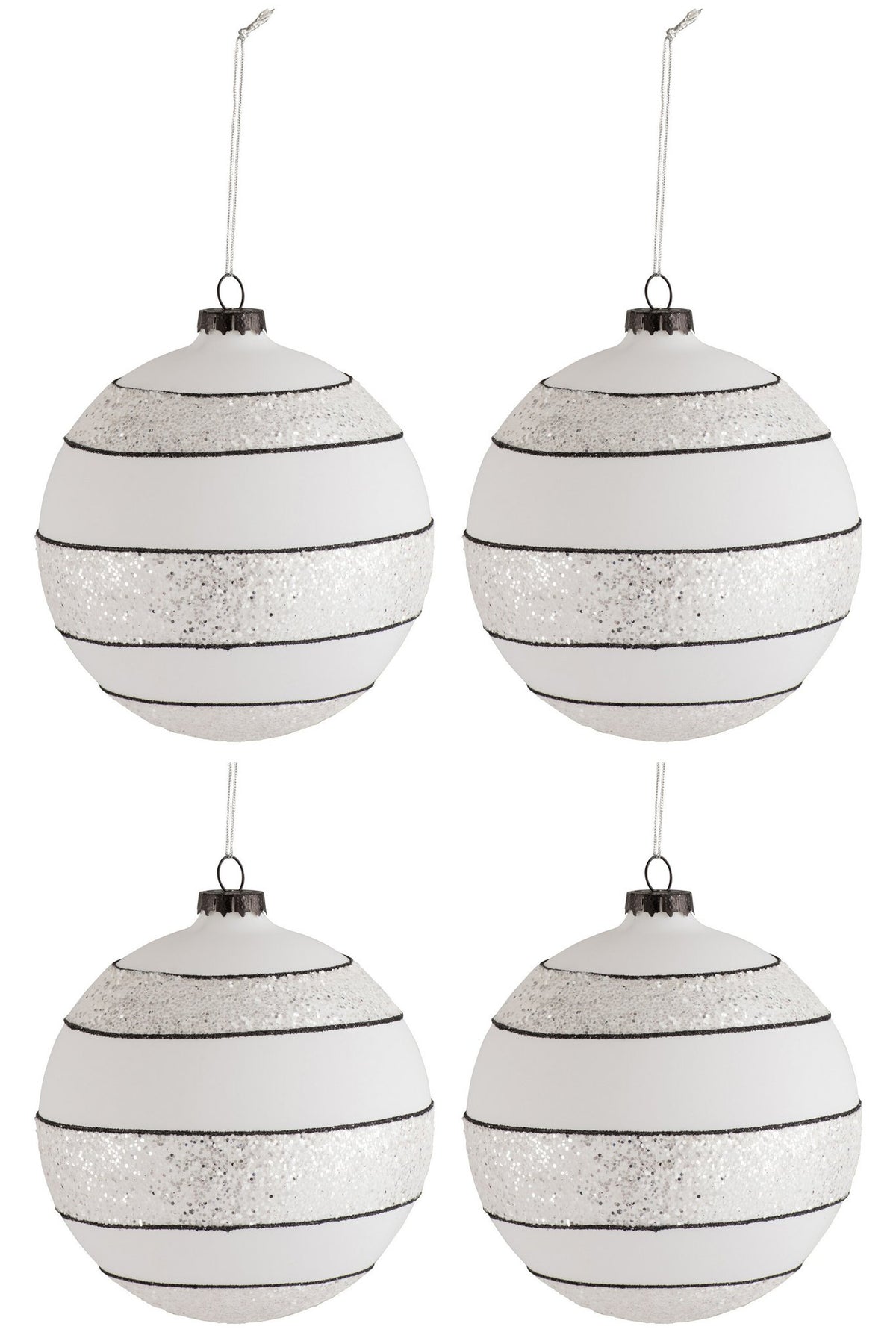 J-Line Doos Van 4 Kerstbal Strepen/Glitter Glas Zwart/Wit Large