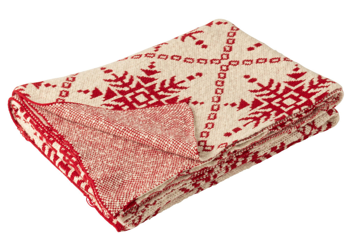 J-Line deken Sneeuwvlokken - katoen - wit/rood