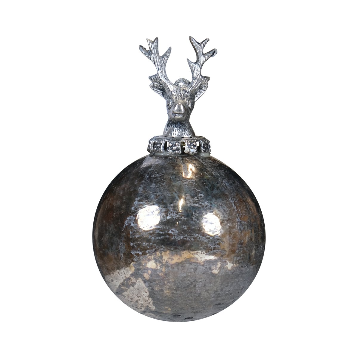 Decoratie bal hert antiek zilver 10cm