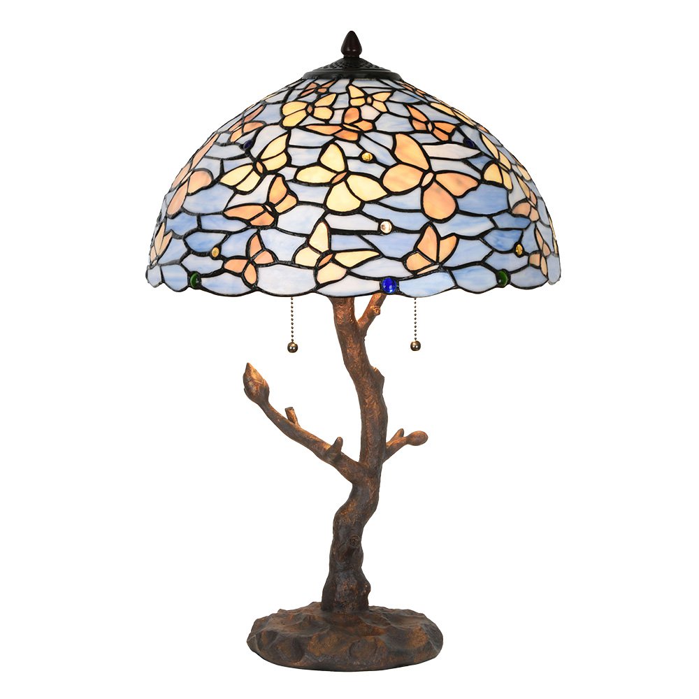 Tiffany Tafellamp Ø 40x60 cm Blauw Glas Vlinders Tiffany Bureaulamp