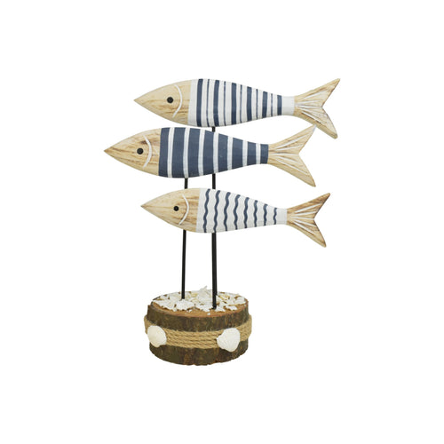 3 vissen op boomstam 25cm blauw-wit
