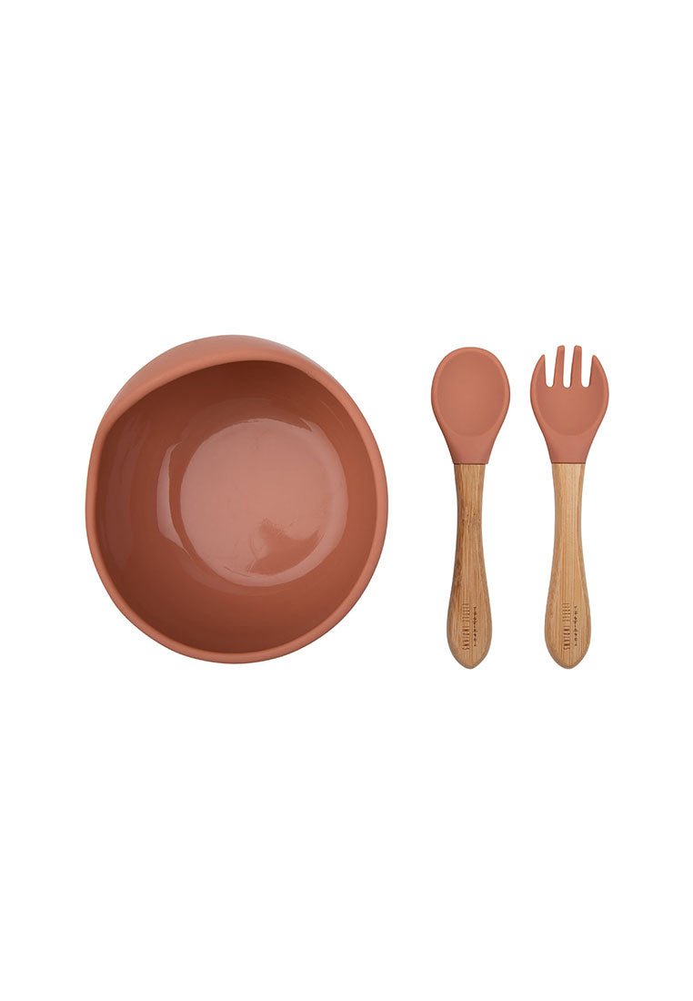 Siliconen Kom + Lepel/Vork - Amber Brown