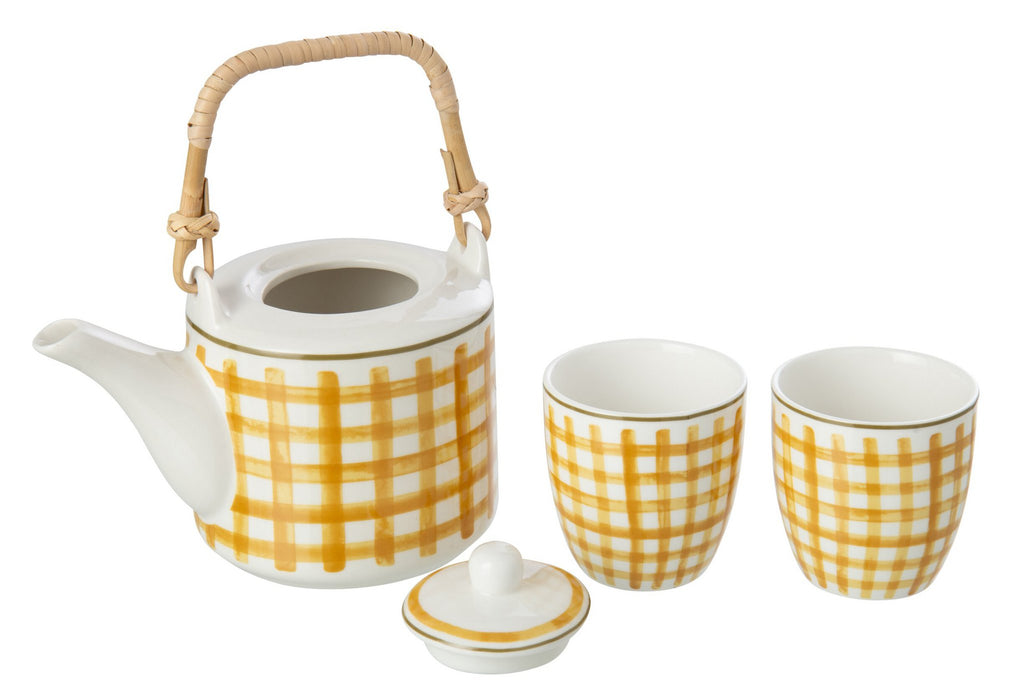 J-Line theepot + kopjes - steengoed - mosterdgeel