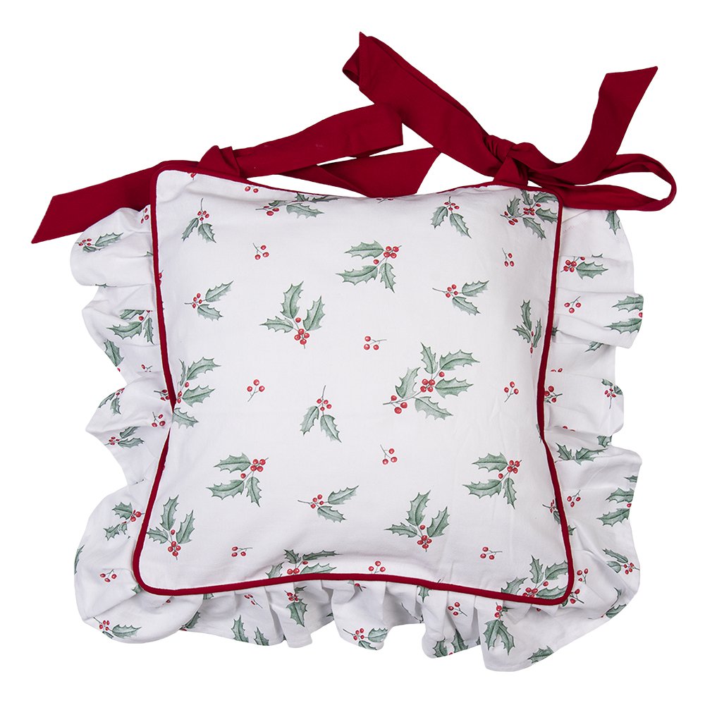 Kussenhoes Stoelkussen 40x40 cm Wit Rood Katoen Hulstbladeren Kerstkussen