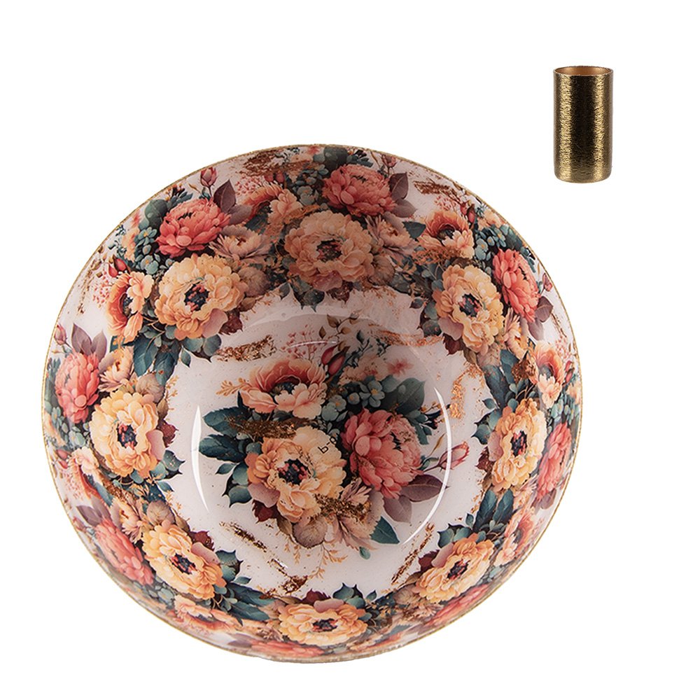 Kandelaar Ø 14x6 cm Goudkleurig Wit Metaal Bloemen