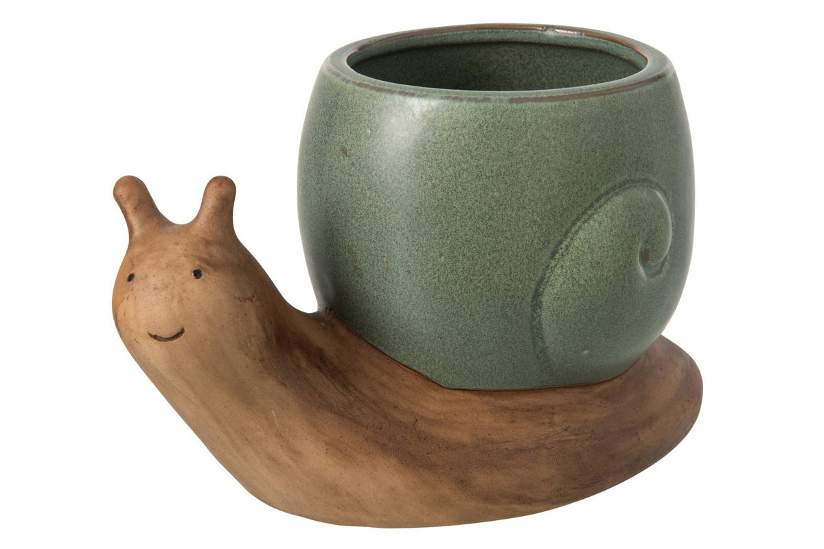 J-Line bloempot Slak - steengoed - beige/grijsgroen