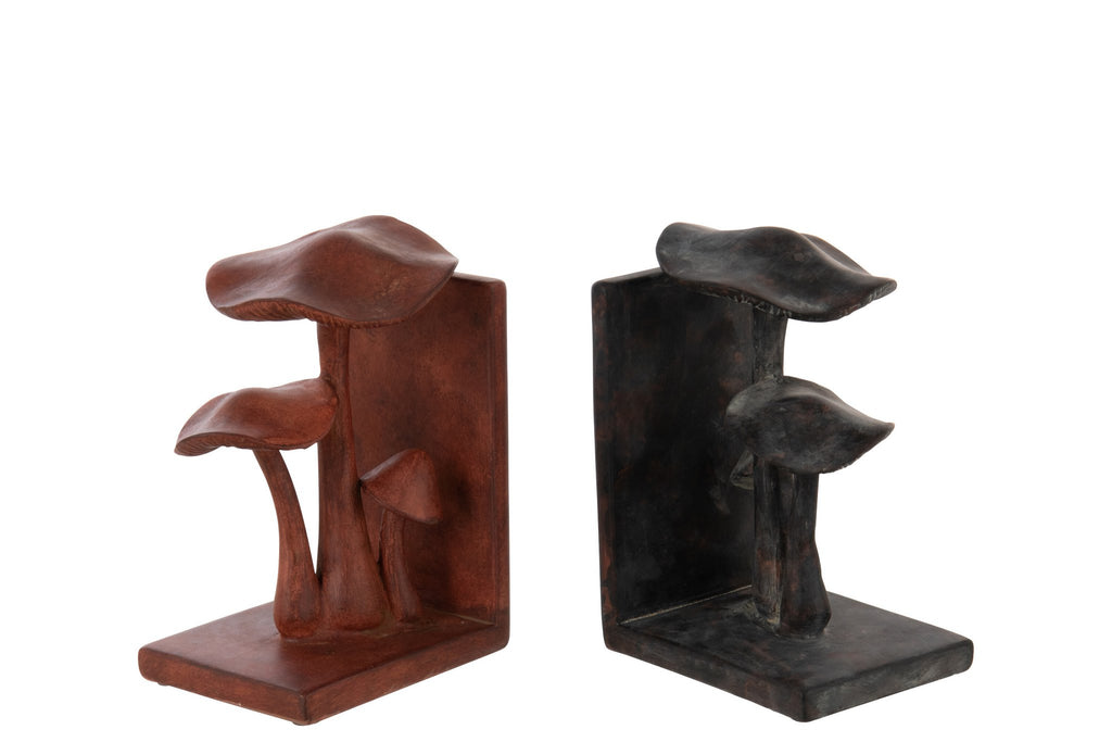 J-Line boekensteun Paddenstoel - polyresin - bruin/zwart - set van 2