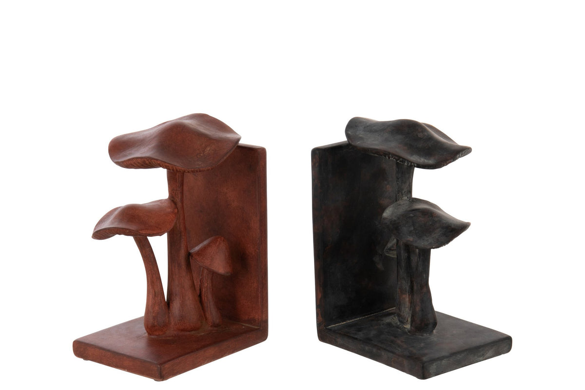 J-Line boekensteun Paddenstoel - polyresin - bruin/zwart - set van 2