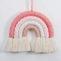 Roze geweven regenboog wandhanger – handgemaakte textielkunst – 8x8 inch