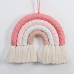 Roze geweven regenboog wandhanger – handgemaakte textielkunst – 8x8 inch