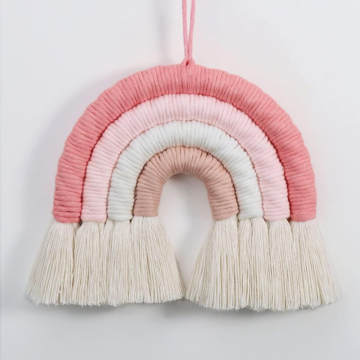 Roze geweven regenboog wandhanger – handgemaakte textielkunst – 8x8 inch