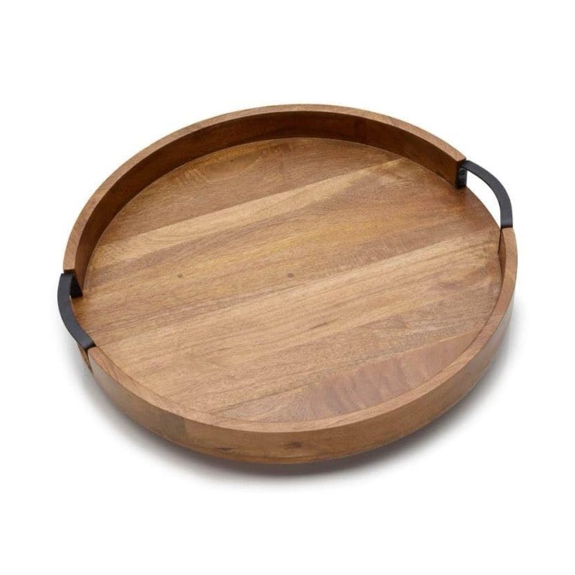 Rustiek rond houten dienblad – bruin houten dienblad – ijzeren handvat – medium 30 x 30 x 3,5 cm