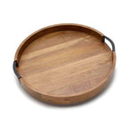 Rustiek rond houten dienblad – bruin houten dienblad – ijzeren handvat – medium 30 x 30 x 3,5 cm