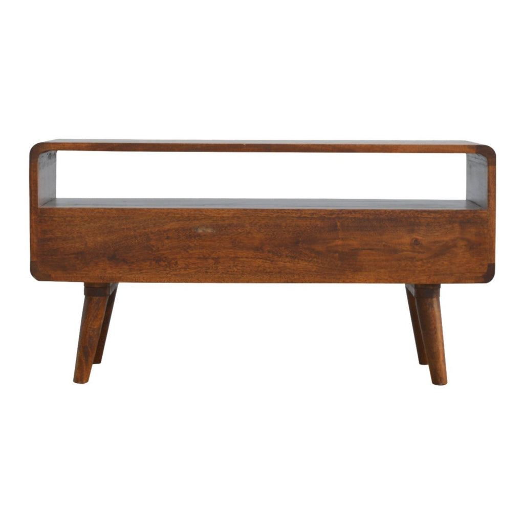 Massief mangohout gebogen kastanje mediameubel met 2 lades, open opbergruimte en Scandinavische poten | Kastanje Afwerking | 90x35x47 cm