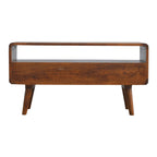 Massief mangohout gebogen kastanje mediameubel met 2 lades, open opbergruimte en Scandinavische poten | Kastanje Afwerking | 90x35x47 cm