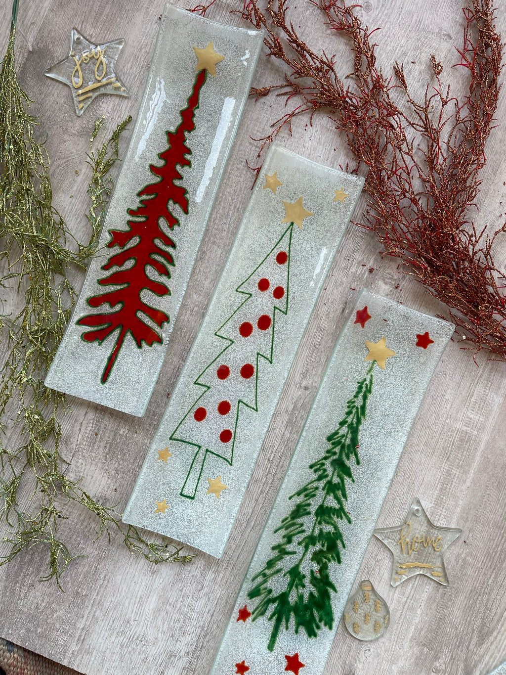 Kerst U-vorm lange set van 3 42x11 groene, rode en witte kerstbomen set van 3
