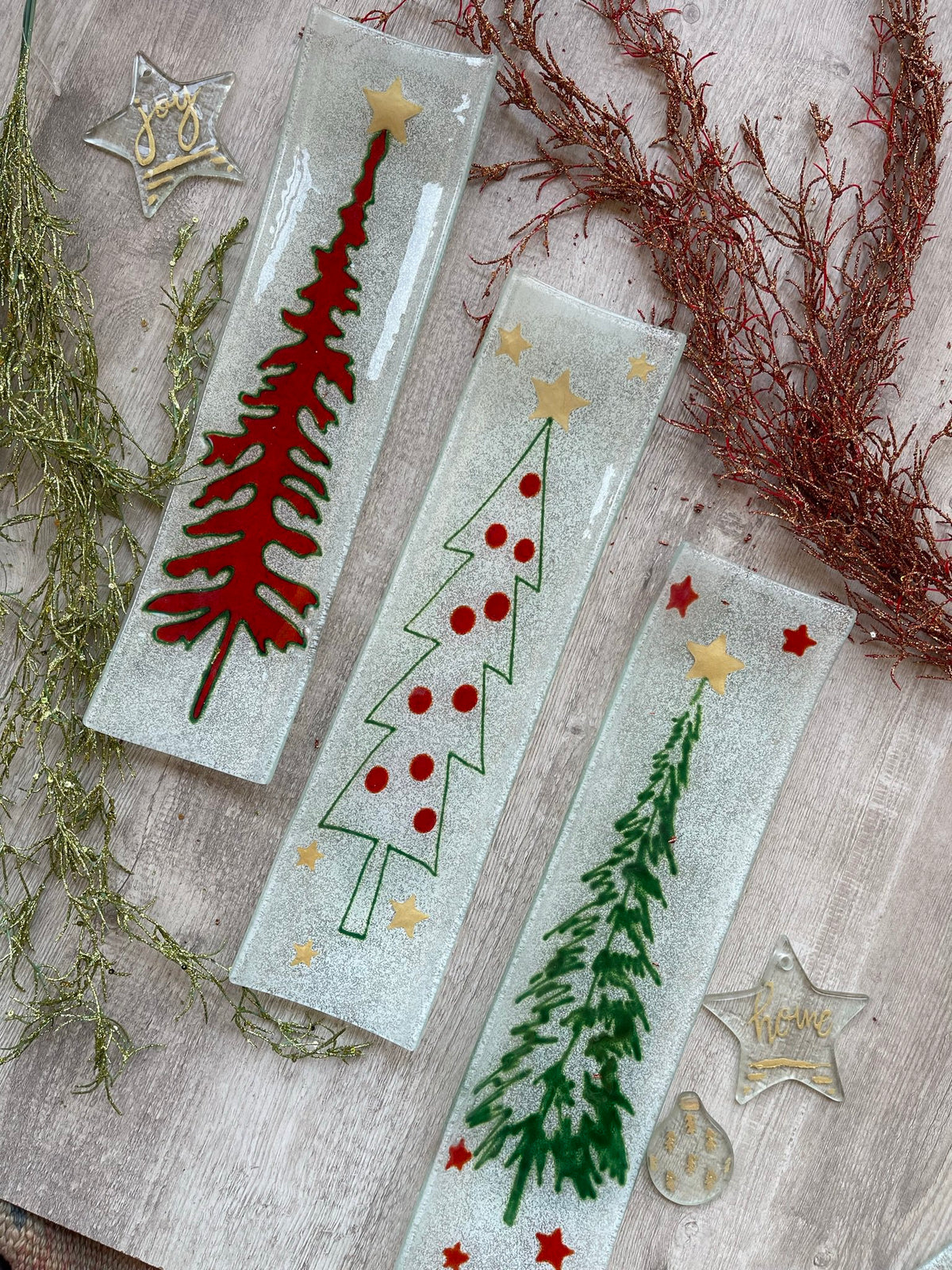 Kerst U-vorm lange set van 3 42x11 groene, rode en witte kerstbomen set van 3