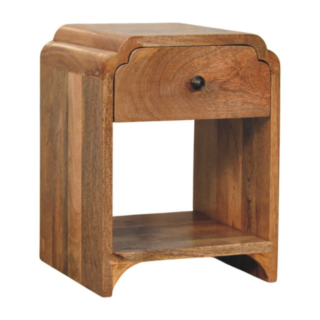 Massief houten Newton mini-nachtkastje in eikenhout, 1 lade en open plank, beige