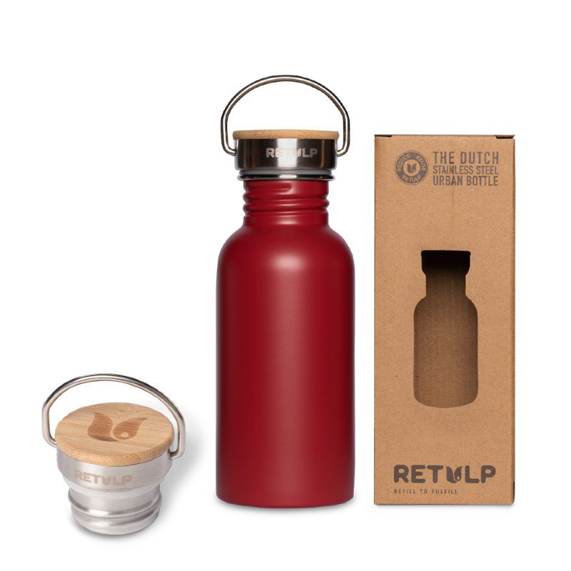 RVS drinkfles bamboe dop 500 ml steel RED