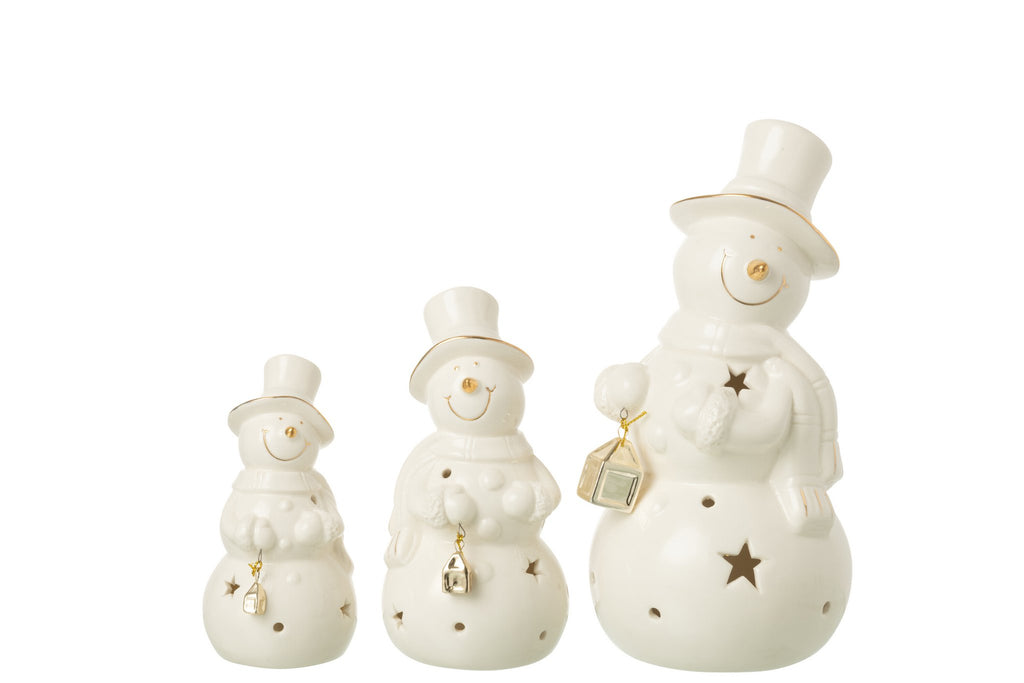 J-Line figuur Sneeuwman - porselein - ecru - L - LED lichtjes