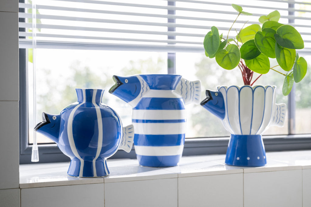 J-Line vaas Vis Bal Stippen Dolomiet - keramiek - blauw/wit