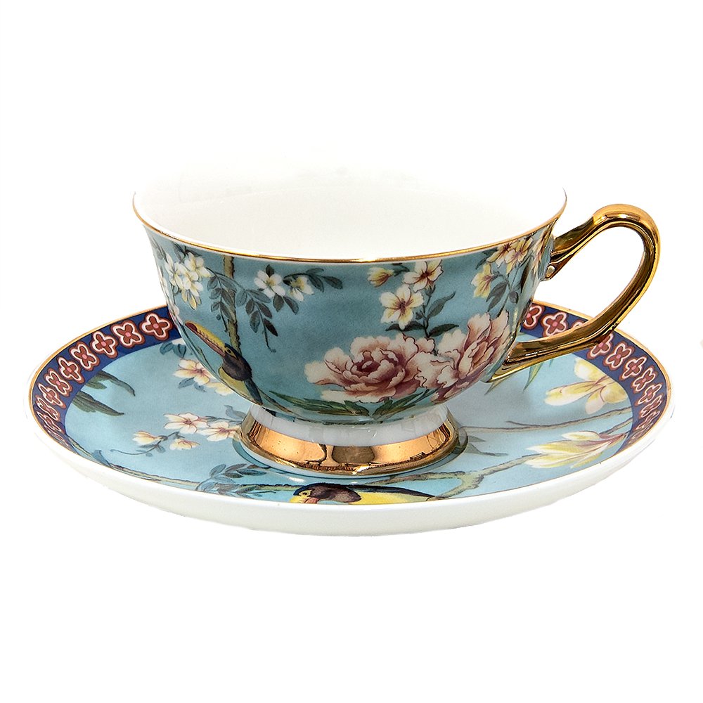 Kop en Schotel 200 ml Blauw Goudkleurig Porselein Vogels Servies