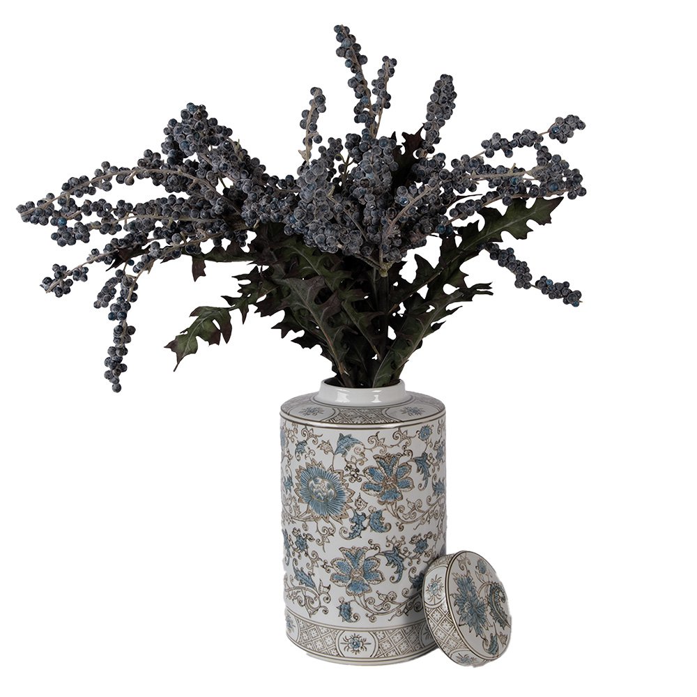 Vaas met Deksel Ø 18x30 cm Wit Blauw Keramiek