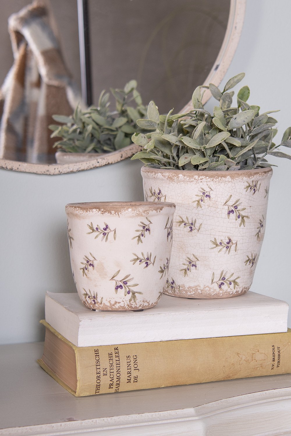 Bloempot Ø 14x13 cm beige blauw keramiek olijven bloempot binnen