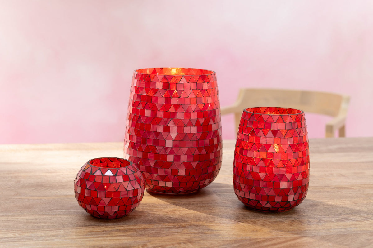 J-Line Windlicht Mozaiek Driehoek Glas Rood/Roze Medium