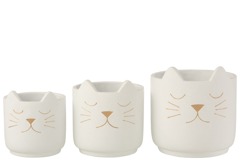 J-Line bloempot Kat - cement - wit/goud - large - Ø 19 cm