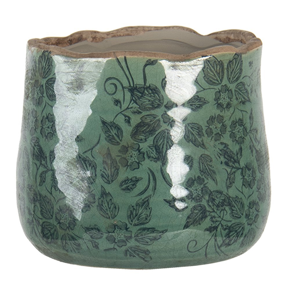Bloempot Ø 13x11 cm Groen Keramiek Bladeren Bloempot Binnen