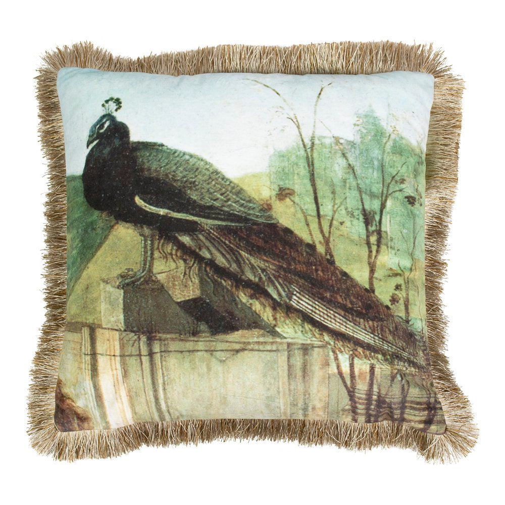 Kussen fluweel pauw gouden franjes 45x45cm*