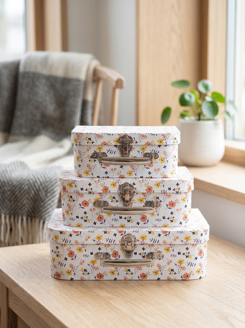 Decoratie Koffer Set van 3 30x22x9/25x20x9/20x17x8 cm Wit Karton Bloemen