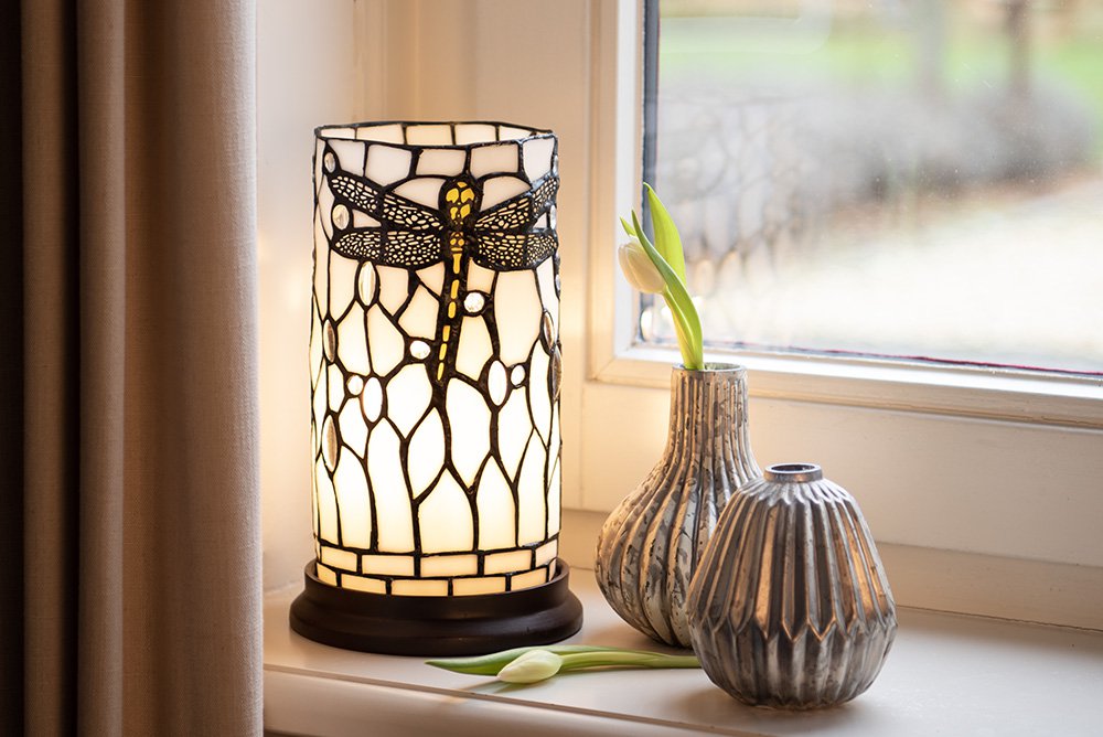 Tiffany Tafellamp Ø 15x26 cm Wit Grijs Glas Libelle Tiffany Bureaulamp