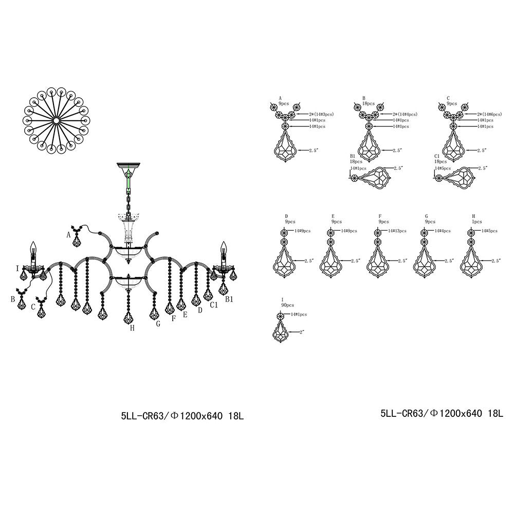 Kroonluchter Ø 120x64 cm Transparant IJzer Hanglamp