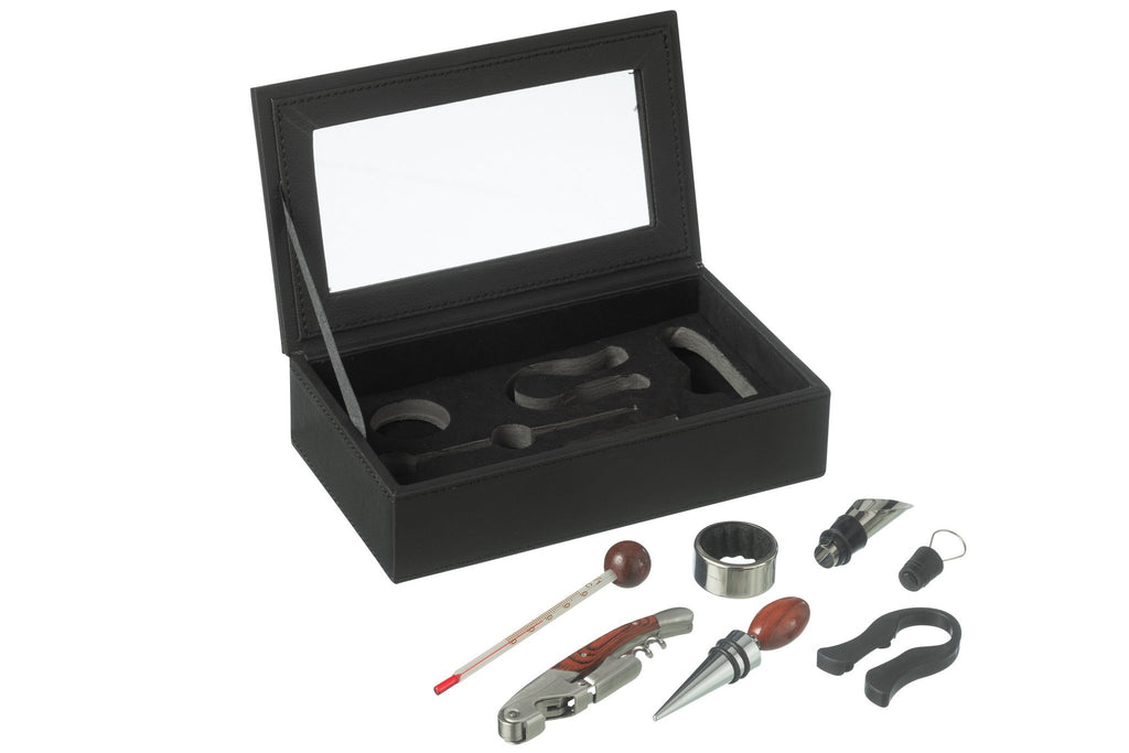 J-Line wijn accessoires - kunstleder/hout - zwart - doos van 6